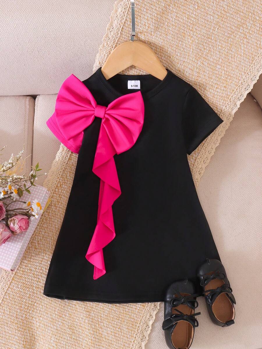 1 pieza Vestido de verano de línea A con cuello redondo, manga corta y lazo 3D elegante y minimalista para niñas bebé - Negro - Ver 1