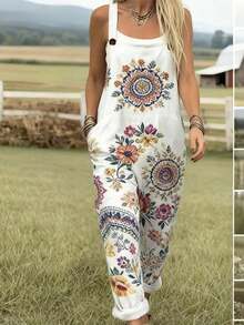 Bohemian Style Mandala Flower Print Women's Adjustable Strap Overalls, Polyester Fabric, Lightweight & Breathable, Women's Clothing, Regular Women's Clothing, Women's Jumpsuits & Rompers, Women's Jumpsuit, Women's Plus Size Jumpsuit - 彩色 - 查看 2