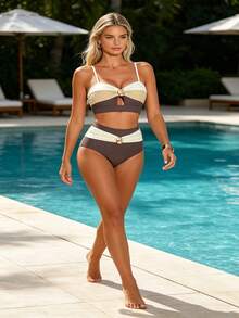 Womens High Waisted Bikini Sets - Café integral - Ver 8