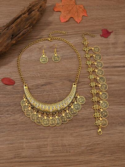 Vintage Coin Tassel Moon Necklace, Casual Beach Accessory, Short Clavicle Chain Jewelry Set For Women