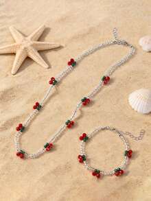 Bộ 2 món trang sức vòng tay và dây chuyền hạt thủy tinh hình quả anh đào dễ thương, thời trang, thích hợp cho phụ nữ đeo hàng ngày, quà tặng Ngày của Mẹ, quà tặng bạn thân, quà nghỉ hè, quà đi biển. - Nhiều màu - Xem 1