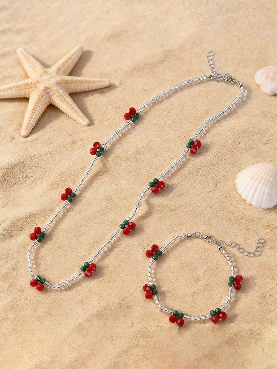 Bộ 2 món trang sức vòng tay và dây chuyền hạt thủy tinh hình quả anh đào dễ thương, thời trang, thích hợp cho phụ nữ đeo hàng ngày, quà tặng Ngày của Mẹ, quà tặng bạn thân, quà nghỉ hè, quà đi biển. - Nhiều màu - Xem 1