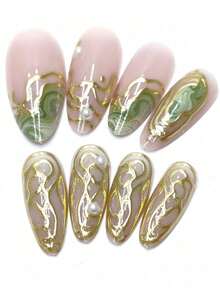 24pcs Minimalist Green Gemstone & Pearl Dopamine Color Series, Gold-Plated Scratch Line Medium Almond Fake Nails, Suitable For Spring, Autumn, Work, Daily, Party, Wedding, Comes With Jelly Gel And File, Reusable Detachable Fake Nails, Nail Art Supplies - 綠色珍珠 - 查看 5