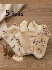 5 đôi tất cổ ngắn họa tiết gấu dễ thương dành cho nữ/sinh viên, chất liệu mềm mại, thoáng khí, kiểu dáng sinh viên, phù hợp cho mọi mùa. - Nhiều màu - Xem 5