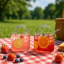1-2pcs 700ml Large Capacity Portable Glass Cups With Handle And Straw, Reusable, Suitable For Juice, Iced Drinks, Milk Tea And Coffee, Outdoor Leisure Essential Kitchen Item, Unique Gift - Multicolor - View 6
