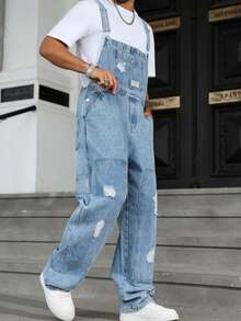Men's Denim Overalls, High Street  Ripped Jumpsuit, Workwear Jeans, Suitable For All Seasons - Xanh denim - Xem 2