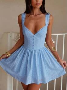 Women's Eyelet Embroidery Bustier Dress Sweetheart Neck Button Front A Line Mini Dress - 藍色 - 查看 1