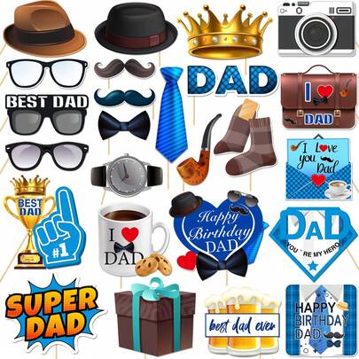 Bộ 25 phụ kiện chụp ảnh bằng giấy cho sinh nhật bố, trang trí selfie sinh nhật bố, phụ kiện chụp ảnh tiệc sinh nhật Ngày của Cha, ông nội, bố, bộ phụ kiện chụp ảnh.