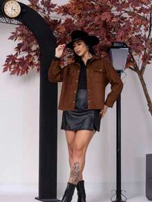 Women's Suede Winter Jacket - 鏽棕色 - 查看 2