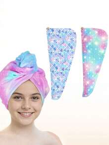 2pcs Ultra-Fine Fiber Hair Drying Towel, Girls Style, 2pcs Set Quick Dry Hair Wrap With Button, Wet Hair Turban, Girls Style, Dark Unicorn - Multicolor - View 12