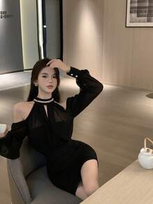 Popular Online Influencer Style, New Sun Protection Lightweight Long-Sleeved Shawl, Sweet Halter Neck, Slim Waist, Bodycon Dress Two-Piece Set - Black - View 7