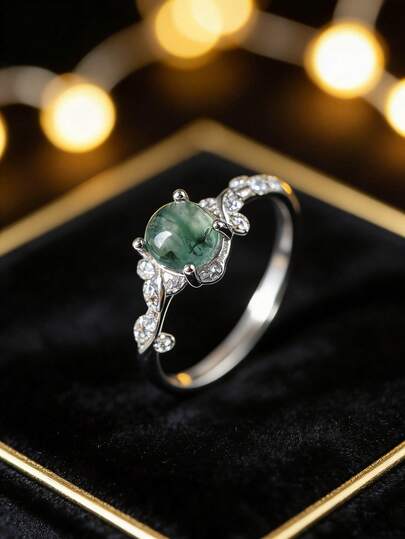 925 Sterling Silver Agate Grass Ring, Luxury Retro Design, Versatile Daily Wear Silver Ring For Women