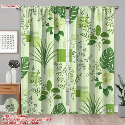 2 pezzi Tende con stampa di piante tropicali verde chiaro, stile terapeutico, in poliestere, per trattamenti finestra per soggiorno e balcone