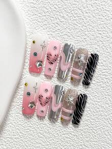 10Pcs Y2K Style Handmade Nail Art Set,Unghie Press On,Star Cut Rhinestones,Stars, Starbursts Nail Art Accessories,Pink And Black Nail Polish,Includes Nail Tools,3 Sizes Available,Almond Nails , Duck Nails,Coffin Nails For Party, Dance, Daily Wear. - 彩色 - 查看 15