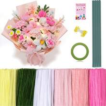 472 Pipe Cleaners Flowers Set, Mixed Colors Chenille Stems Bulk With Floral Wires, Gardening Tape, Stamen,Tutorial Card For DIY Flower Making Kit, Gift Idea For Mother's Day(Pink, Green, Yellow) - Multicolor - View 2