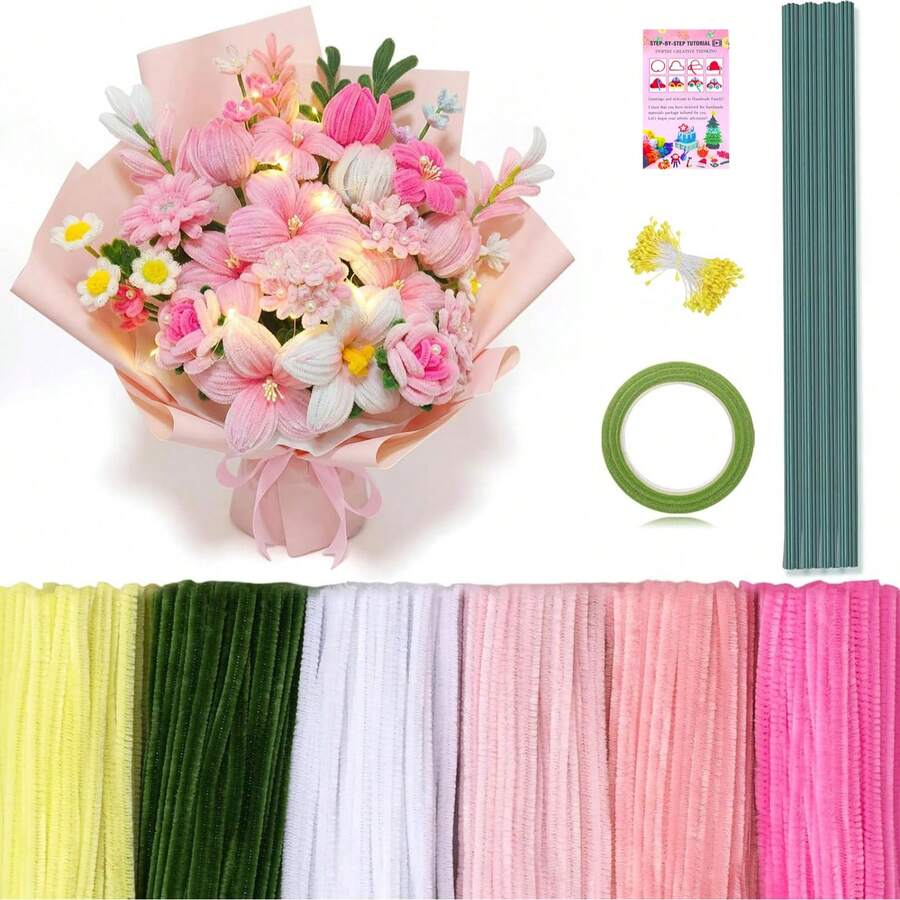 472 Pipe Cleaners Flowers Set, Mixed Colors Chenille Stems Bulk With Floral Wires, Gardening Tape, Stamen,Tutorial Card For DIY Flower Making Kit, Gift Idea For Mother's Day(Pink, Green, Yellow)