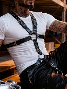 Gothic Style Faux Leather Body Harness For Men Full Chest Straps Punk Fashion Accessory For Costume And Daily Outfit - Black - View 4