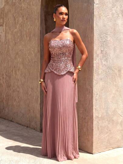 UNITHORSE Shiny Patchwork Zipper Sequin Patchwork Ribbed Formal Evening Gown