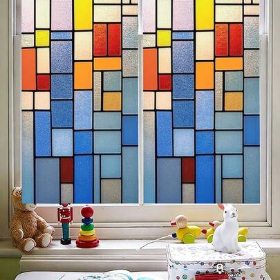 1/5pcs Retro Mosaic Colored Frosted Privacy Window Film, Electrostatic Adsorption, Glue Free Opaque Window Film, UV Protection, Suitable For Bathroom, Kitchen And Dining Room Decoration.