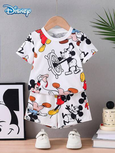  Bộ đồ ngủ ngắn tay in họa tiết Mickey Mouse phối màu dành cho bé trai của Disney, quần short cạp chun, bộ đồ ngủ cơ bản.