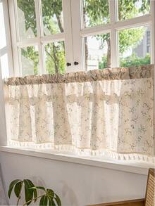 LOSPRING Cortina semitransparente con aspecto de lino de color arroz con hermosas flores y flecos, cortina de cocina para media ventana - M-11 - Ver 10