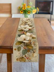 1pc Neutral-Toned Magnolia Flower & Leaf Pattern Table Runner/Tablecloth, Suitable For Various Home Occasions - Apricot - View 1