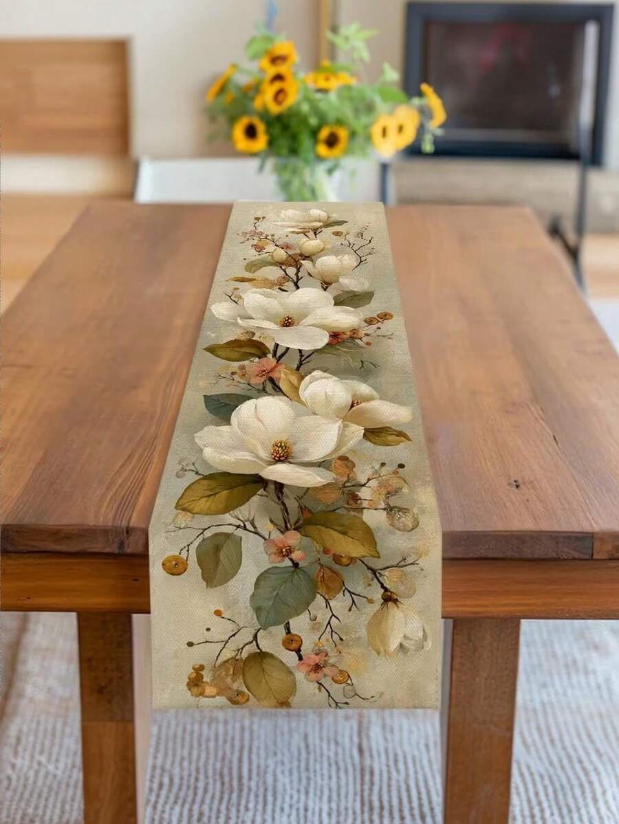 1pc Neutral-Toned Magnolia Flower & Leaf Pattern Table Runner/Tablecloth, Suitable For Various Home Occasions - Apricot - View 1