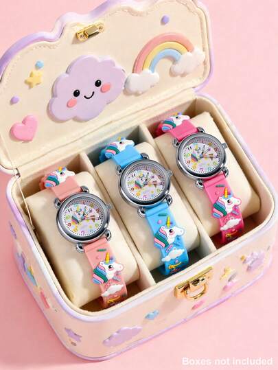 3pcs/Set Kids' Loved Pink, Blue, Khaki 3 Colors Student Colorful Round Dial Cute Silicone Strap Unicorn, Ice Cream, Cloud Pattern Quartz Watch, Suitable For Back To School, Halloween, Christmas Gift, Daily Decoration