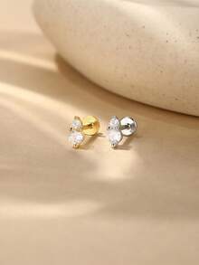 1件精美时尚925纯银镀18K金双石CZ平底耳钉，金/银双色，低过敏性，女士日常佩戴，母亲节、婚礼季、派对礼物 - 銀色 - 查看 3