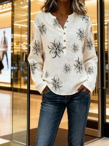 Women's Casual Henley Shirt, Vintage Floral Print Top, Loose Fit Slimming Commute & Vacation Wear, Breathable Fabric, Suitable For All Seasons White - White - View 4