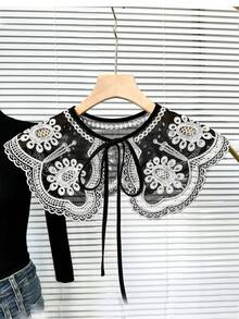 Vintage Lace Embroidered Collar Scarf, Peter Pan Collar Heavy Embroidered Lace Collar, Versatile Daily Accessory, Black & White Embroidered Scarf Collar Decor,Festival,Travel,Disco,Graduation Outfit - Black and White Color Blocking - View 3