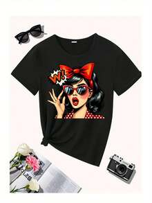 Camiseta de algodón de manga corta para mujer, con estampado de personajes vintage, top casual de cuello redondo y manga corta, adecuada para usar en primavera y verano, cómoda y transpirable, apropiada para todas las estaciones, ropa de mujer. - Negro - Ver 3