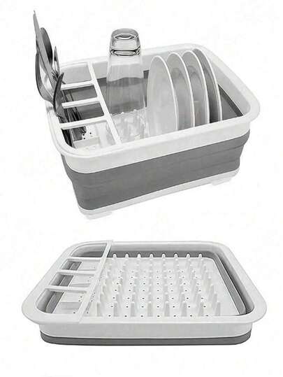 1pc Foldable Dish Drying Rack With Drip Tray, Suitable For Drying Bowls And Dishes, Space-Saving Collapsible Design With Utensil Storage Tray/Basket, Great For Kitchen Countertop Organization