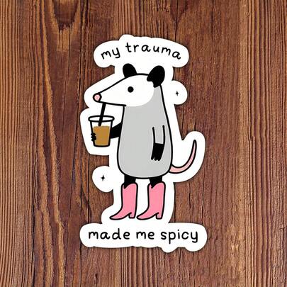 1 miếng dán hài hước 3 inch "My Trauma Made Me Spicy" (Chấn thương tâm lý khiến tôi trở nên cá tính), thiết kế độc đáo, thích hợp dán lên laptop, sổ tay, máy tính bảng, bình nước, tủ khóa, nhật ký. Hoàn hảo cho nhân viên văn phòng, sinh viên, người sáng tạo, giáo viên. Món quà tuyệt vời cho những ai luôn đối mặt với cuộc sống bằng tiếng cười và sự tự tin.