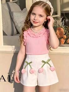 2pcs/Set Young Girl Pink Sleeveless Top Paired With White Tulip Shorts - Pink - View 1