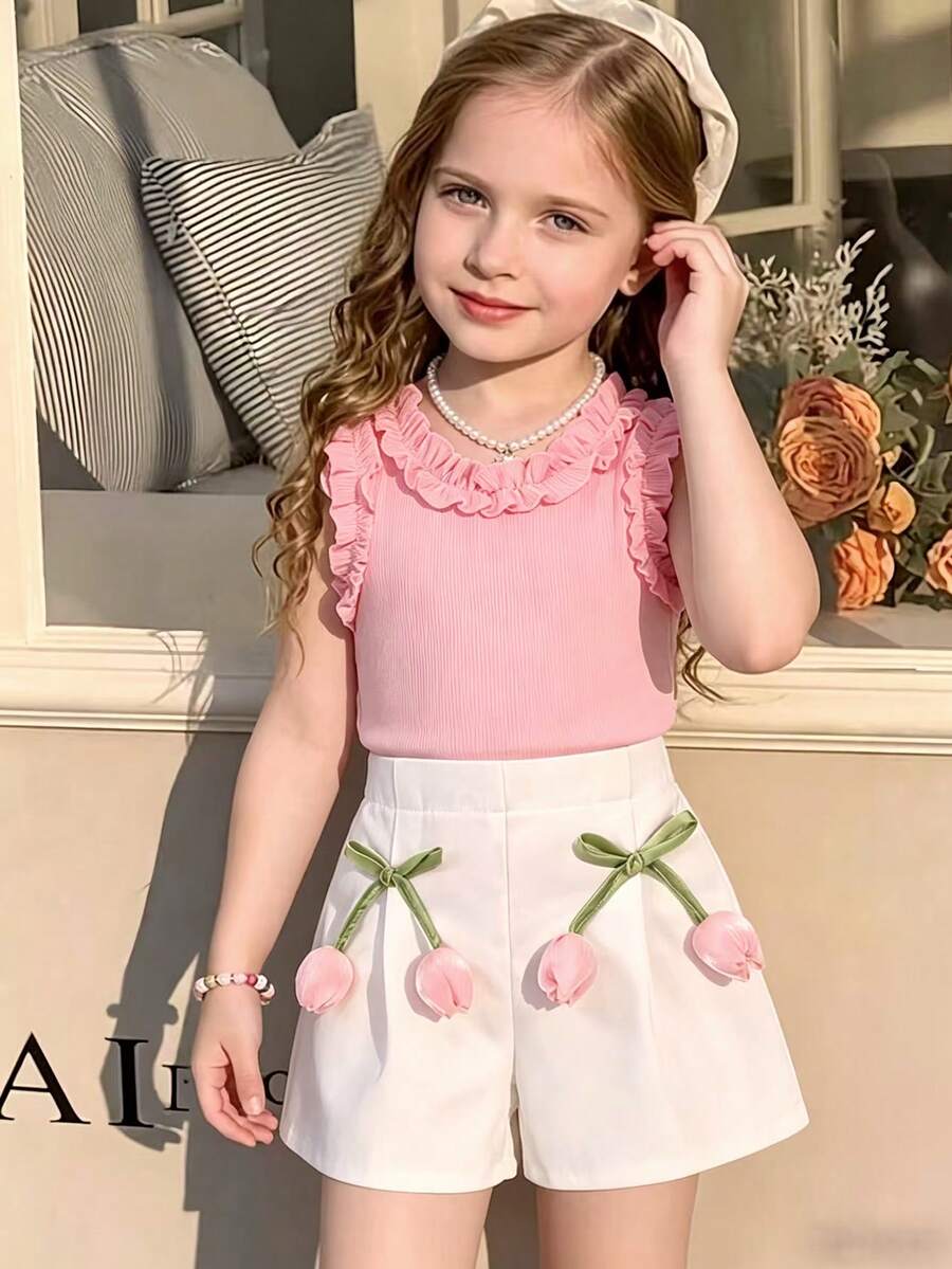 2pcs/Set Young Girl Pink Sleeveless Top Paired With White Tulip Shorts - Pink - View 1