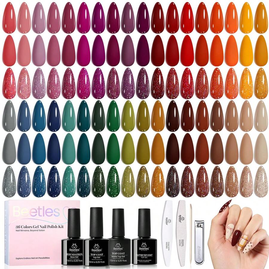 Beetles 36 Colors Waltz Of Leaves Collection Brown Gel Nail Polish Set, Summer Purple Green Shades, With Base & Glossy Matte Glitter Top Coat, Soak Off UV LED, Holiday Manicure Kit - 36 Colors Waltz of Leaves - 查看 1