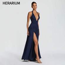 HERARIUM 2026 European And American Women's Fashion Summer New Solid Color Elegant Sleeveless Halter Strap Slit Long Dress Wedding Guest Dress Women Vacation Outfits Women Summer Dresses - Màu xanh đậm - Xem 1