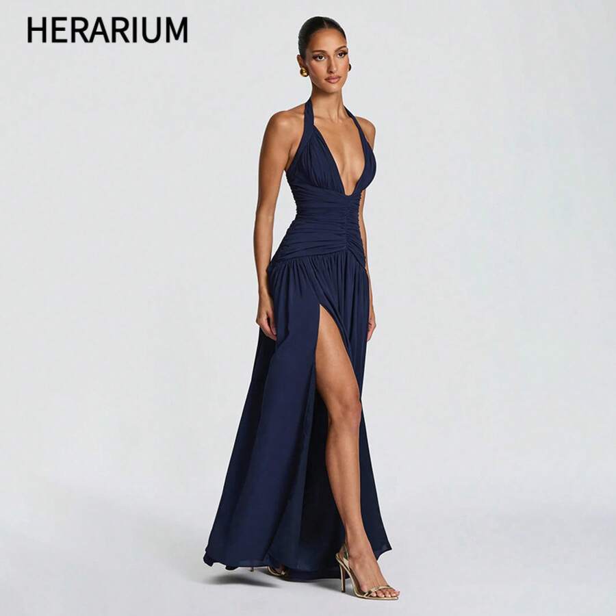 HERARIUM 2026 European And American Women's Fashion Summer New Solid Color Elegant Sleeveless Halter Strap Slit Long Dress Wedding Guest Dress Women Vacation Outfits Women Summer Dresses - Màu xanh đậm - Xem 1