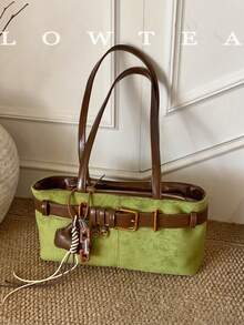 1pc Low Tea Solid Color Suede Fabric Shoulder Bag, Women's Retro Fashion Square Shoulder Bag With Top Double Handles, Zipper Closure, Suitable For Travel, Shopping, Dating, Women's Gift, Great For Commuting, Outdoor, Travel, Hiking , Green - màu xanh lá - Xem 11