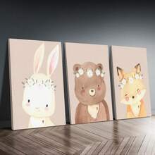 Charming 3pcs Unframed Canvas Wall Art Set - Daisy & Woodland Animals Theme, Boho Style Bunny, Bear, Fox Prints. Home Decor Suitable For All Occasions, Ideal New Year's And Valentine's Day Gifts, Room Decor Aesthetics, Wall Art, Perfect Gifts, Living Room Decor, Bedroom Decor, Kitchen Decor, Entryway Decor - 111 - View 2