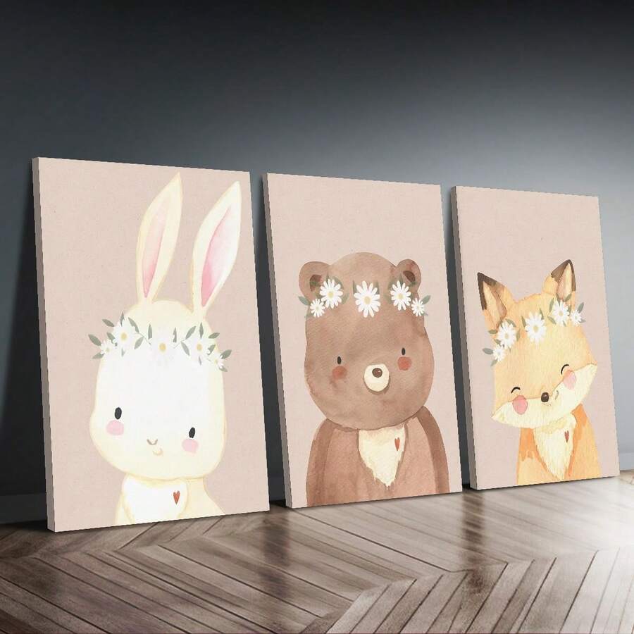 Charming 3pcs Unframed Canvas Wall Art Set - Daisy & Woodland Animals Theme, Boho Style Bunny, Bear, Fox Prints. Home Decor Suitable For All Occasions, Ideal New Year's And Valentine's Day Gifts, Room Decor Aesthetics, Wall Art, Perfect Gifts, Living Room Decor, Bedroom Decor, Kitchen Decor, Entryway Decor