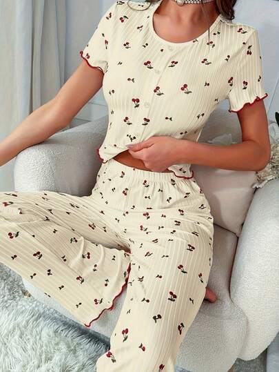 Women's Cream-Colored Cherry Pattern Knit Pajama Set, Short Sleeve Button-Up Top Paired With High-Waisted Long Pants, Red Ruffle Trim Design, Soft Comfortable Skin-Friendly Fabric, Cute Sweet Loungewear, Suitable For Relaxing At Home