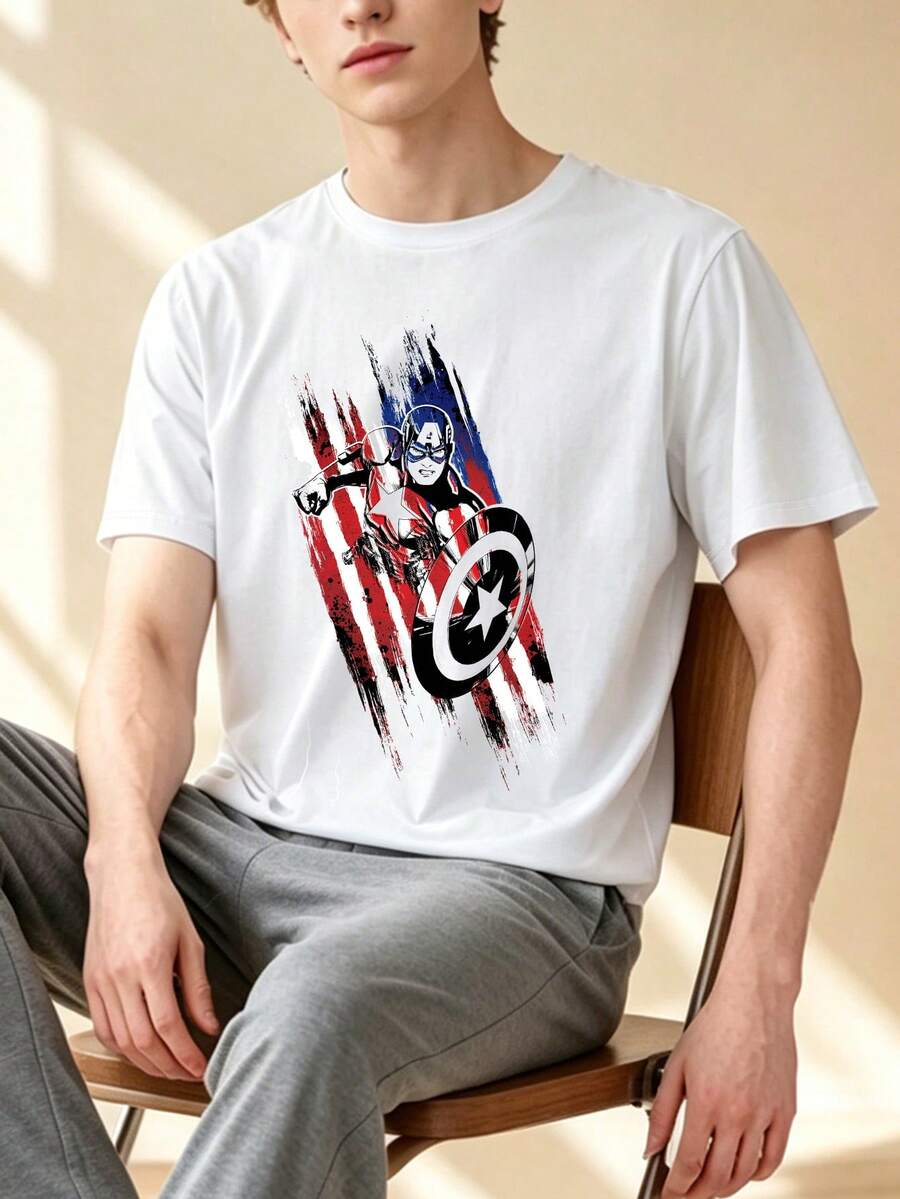 Men's Marvel Co-Branded Captain America Graphic Print Short Sleeve T-Shirt, Soft And Comfortable Fabric, Versatile And Easy To Match - White - View 1