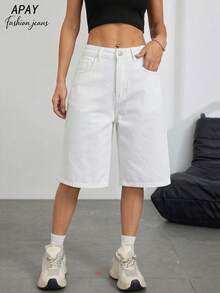 Women's Solid Color Denim Bermuda Shorts Casual White - White - View 2