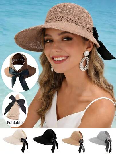 Mũ che nắng 1/2 chiếc cho nữ, vành rộng, chất liệu rơm, có thể cuộn lại, kiểu đuôi ngựa, thích hợp cho mùa hè, đi biển, chống tia UV UPF, có thể gấp gọn, kiểu boho, có nơ, thích hợp cho du lịch.