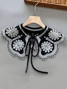 Vintage Lace Embroidered Collar Scarf, Peter Pan Collar Heavy Embroidered Lace Collar, Versatile Daily Accessory, Black & White Embroidered Scarf Collar Decor,Festival,Travel,Disco,Graduation Outfit - Black and White Color Blocking - View 6
