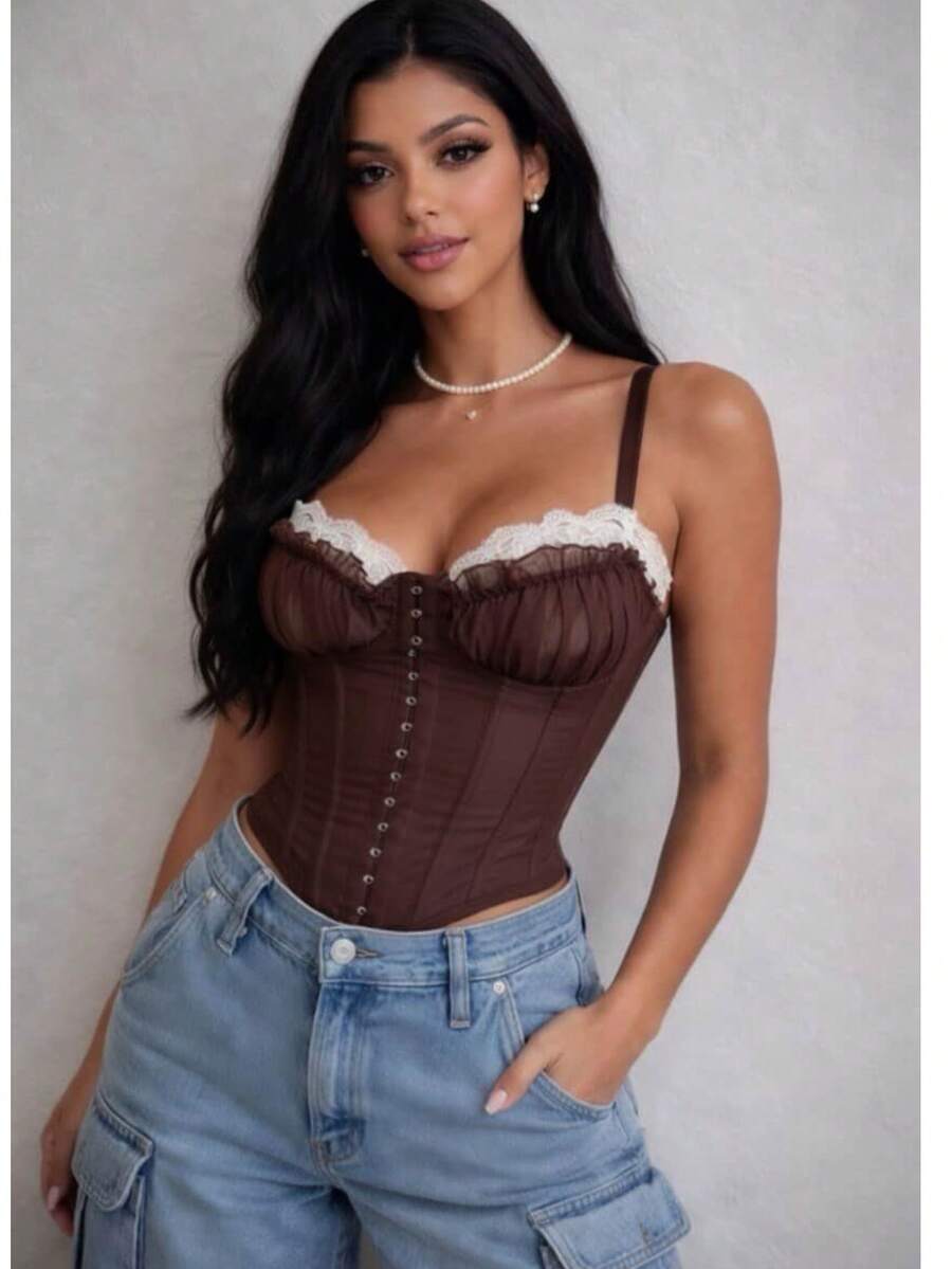 Women's Sexy Structured Lace Cropped Corset With Adjustable Straps And Reinforced Boning, Elegant Shaping Top, Fashion Party Night Outfit, Women's Tank Top - Rỉ Nâu - Xem 1