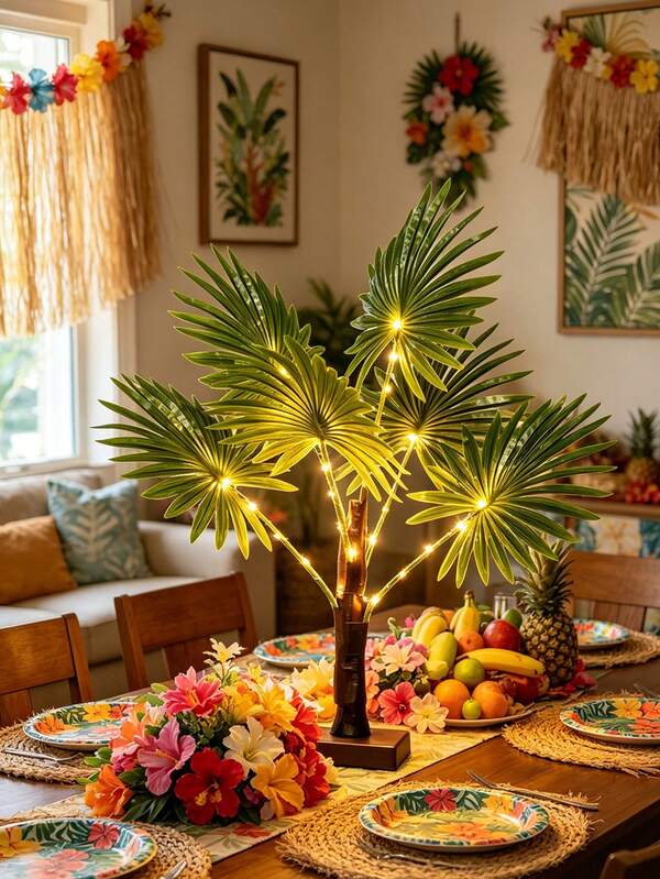 1pc Luau Party Decorations,Palm Tree With Lights,Hawaii LED Artificial Palm Tree Lights Decorative Table Lamps,Tabletop Lighted Tree, Fairy Light Spirit Tree For Summer Party Poolside Indoor Home Fireplace Bedroom Office,Party Decor, Table Decoration