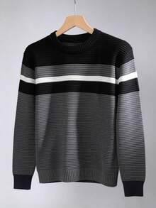Men's Knitted Sweater, Round Neck, Long Sleeve, Premium Wool, Basic And Comfortable Winter Clothing - Preto com Chumbo - Xem 1